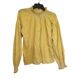 ANA Women Mustard Yellow Smocked Collar Embroidered Victorian Boho Blouse Medium
